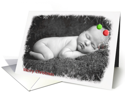 Merry Christmas-snowflake and pine photo card with ornaments card