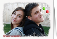 Grandparents Christmas-snowflake and pine photo card with ornaments card