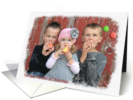 Parents Christmas-snowflake and pine photo card with ornaments card