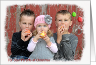 Parents Christmas-snowflake and pine photo card with ornaments card