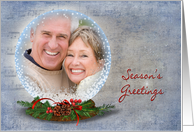 Season’s Greetings snow globe photo card on faded music background card