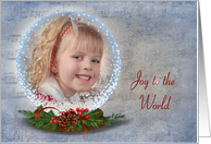 Joy to the World photo card-snow globe on faded music background card