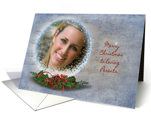 Parents Christmas photo card-snow globe on faded music background card