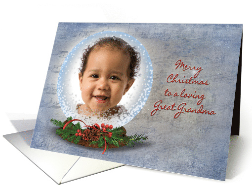 Great Grandma Christmas photo card-snow globe on music background card