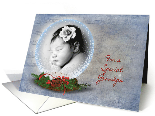 Grandpa Christmas photo card-snow globe on music background card