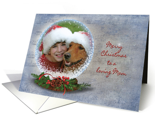 Mom's Christmas photo card snow globe on music background card