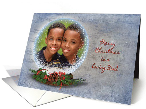 Dad's Christmas photo card-snow globe on music background card