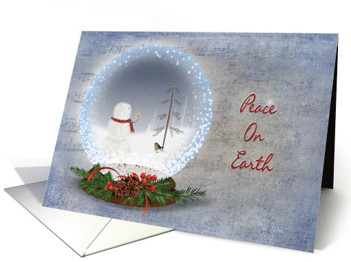 Peace On Earth snowman in snow globe with gold star for pine tree card