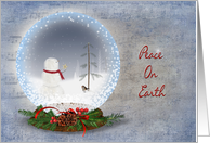 Peace On Earth snowman in snow globe with gold star for pine tree card