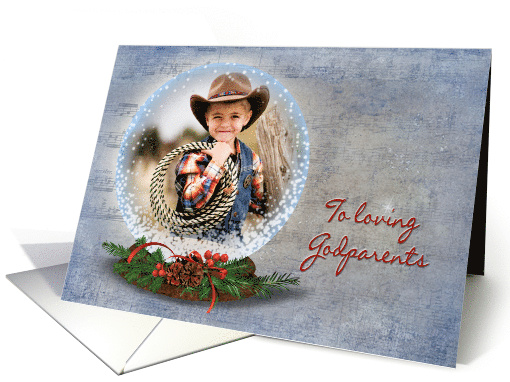 Godparents Christmas-snow globe with pine and berry bouquet card