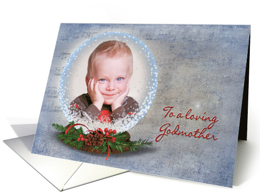 Godmother's Christmas-snow globe with pine and berry bouquet card