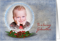 Godmother’s Christmas-snow globe with pine and berry bouquet card