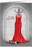 Maid of Honor Request for Sister-red dress with roses and black pumps card