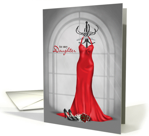 Maid of Honor request for Daughter-red dress, roses & black pumps card