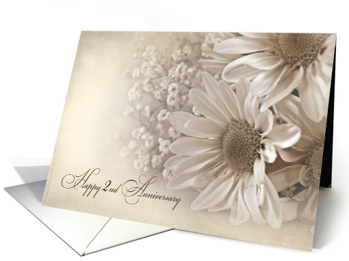 2nd Wedding Anniversary, daisy bouquet in sepia tones and texture card