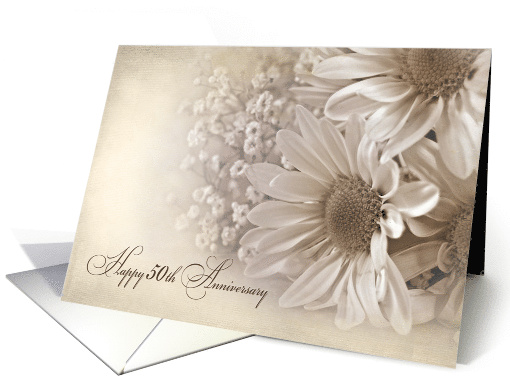 50th Wedding Anniversary daisy bouquet in sepia tone and texture card