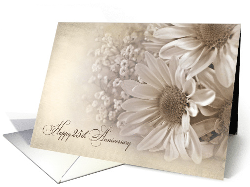 25th Wedding Anniversary daisy bouquet in sepia tone and texture card