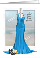 Maid of Honor request for Godmom-blue gown with shoes and bouquet card