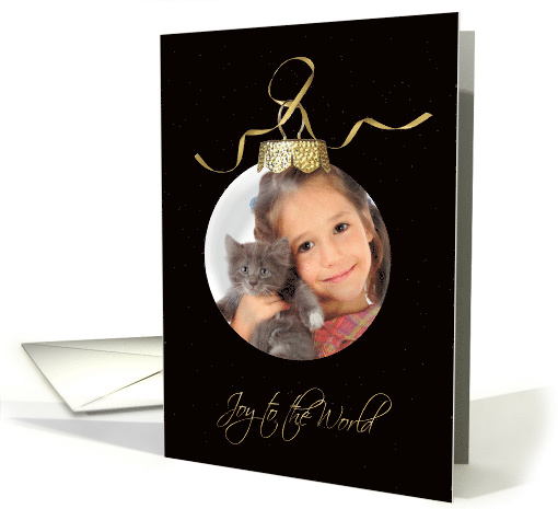 Joy to the World ornament photo card on black with stars card