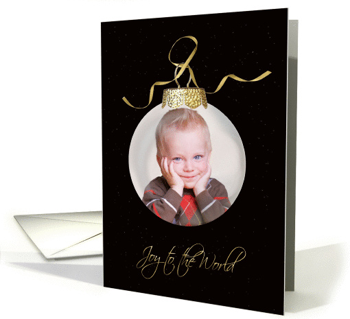 Joy to the World ornament photo card for grandparents on black card