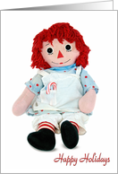 Happy Holidays-old rag doll with candy cane isolated on white card
