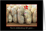 50th Anniversary, peanuts hugging with red hearts card