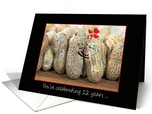 12th Wedding Anniversary, peanuts with red hearts in black frame card
