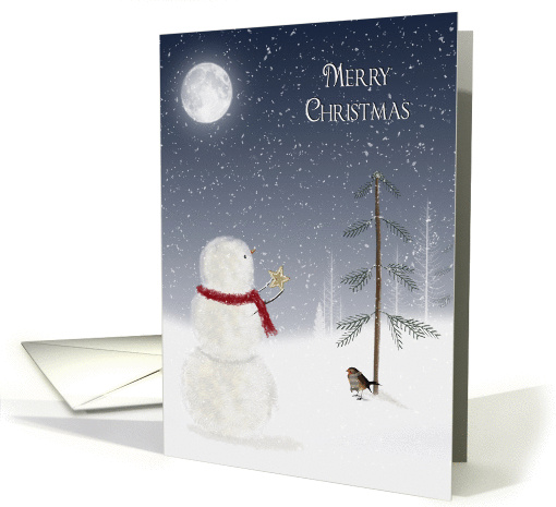 Merry Christmas snowman with gold star for pine tree with bird card
