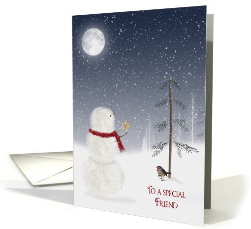 Christmas for Friend snowman with gold star and full moon card