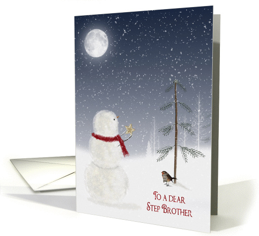 Christmas for Step Brother-snowman with gold star and full moon card