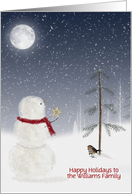 Christmas customized name snowman with gold star and full moon card