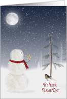 Name Day at Christmastime-snowman with gold star and full moon card