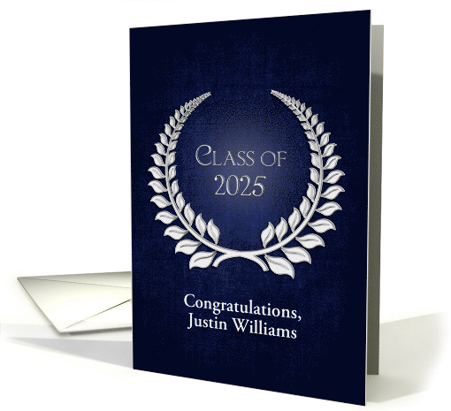 2025 Graduation with Custom Name and Silver Laurel Wreath on Blue card