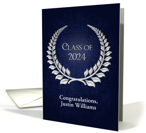 2024 Graduation with Custom Name and Silver Laurel Wreath on Blue card