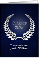 2025 Graduation with Custom Name and Silver Laurel Wreath on Blue card
