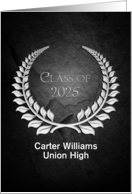 2023Graduation with Graduate Name In Silver Leaf Laurel On Black Rock card