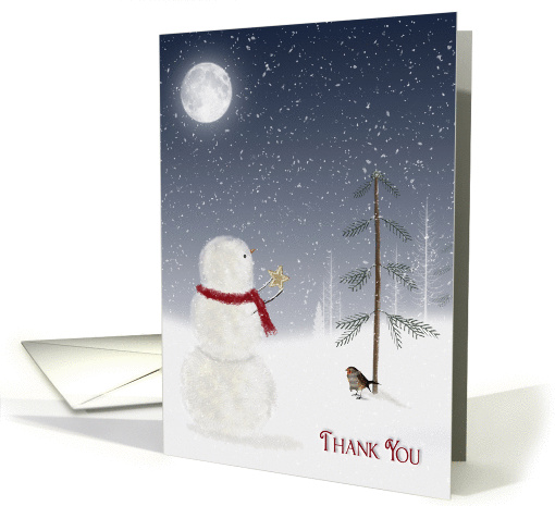 Christmas Thank You with snowman giving a gold star to pine tree card