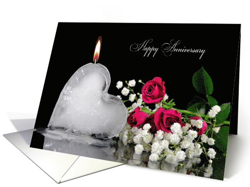 Anniversary for wife, melting ice heart with flame and roses card