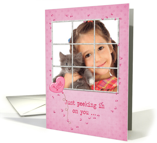 Valentine window photo card with hearts and balloon on polka dots card