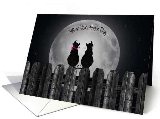 Valentine cats silhouetted in the moonlight sitting on a fence card