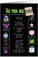 Birthday Party Invitation 1989 fun trivia facts on black card