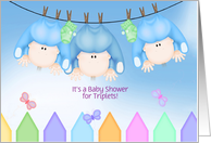 Triplet Baby Shower Invitation, three baby boys hanging on clothesline card