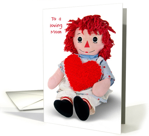 Birthday for Mom-old rag doll with red heart isolated on white card
