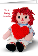Birthday for Grandma-old rag doll with red heart isolated on white card