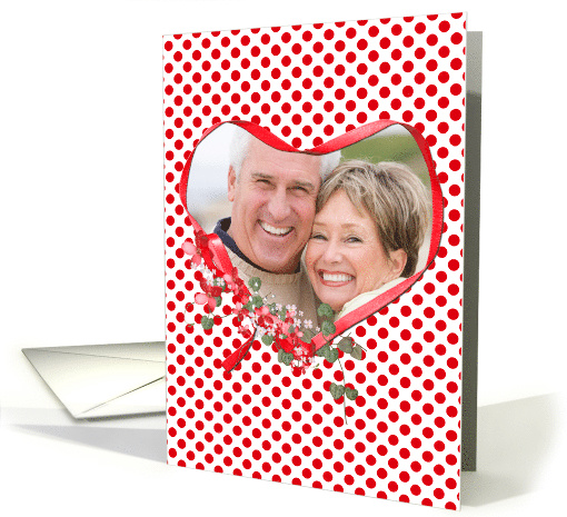 Anniversary photo card- red ribbon-like heart with flower bouquet card