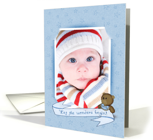 Baby Boy Announcement photo card with banner and teddy bear card