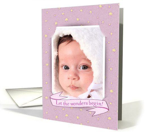 Baby Girl Announcement photo card-yellow stars on pink frame card