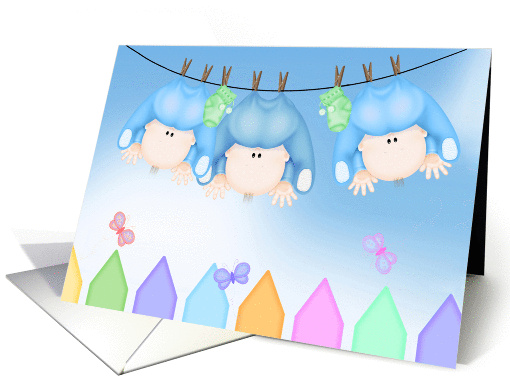 birth announcement of triplet boys hanging on clothesline card