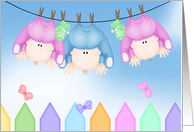 Triplets Congratulations- baby boy and girls hanging on a clotheline card