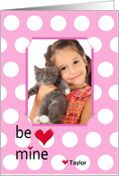 Valentine’s Day polka dot photo card with custom name and red hearts card